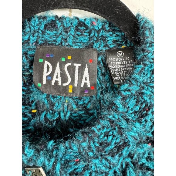 Vintage 80s Size Medium Cardigan Sweater Teal Chunky Metal Buttons by Pasta - Picture 3 of 5